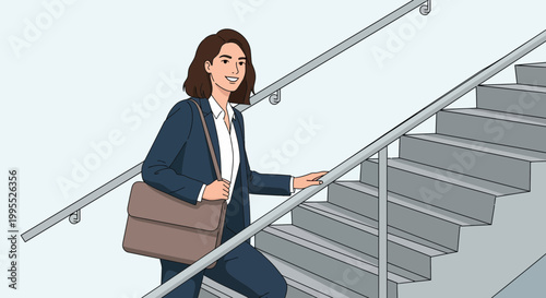 Vector illustration of a professional woman with brown hair in a navy blue suit and white shirt smiling while climbing grey stairs and holding a silver handrail with a shoulder bag.