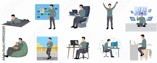 Flat Illustration Set of Young Man Working in Different Poses at Home