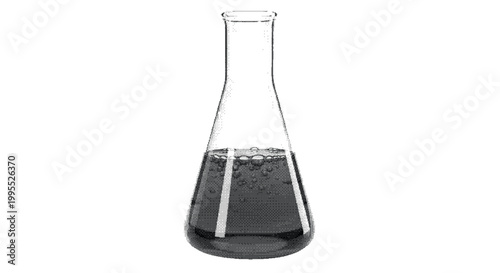 Isolated Erlenmeyer flask with liquid in a vintage halftone dot style for science research chemistry experiments and medical laboratory educational illustrations.