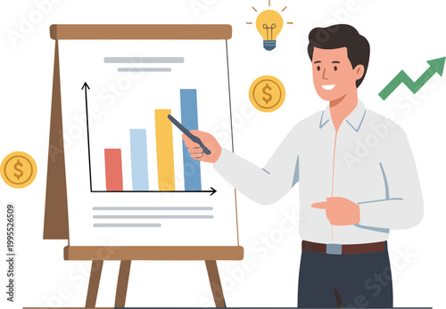 A man presents a colorful bar chart on a board in a meeting.