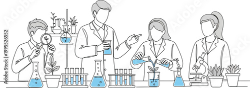 Minimalist vector line art illustration of scientists and students conducting biological research with plants in a modern laboratory