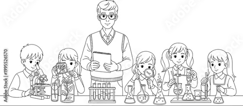 Vector line art illustration of a male teacher and diverse students conducting science experiments in a classroom laboratory