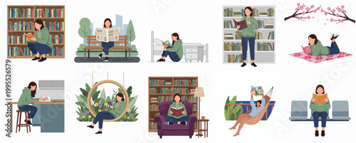 Minimalist Flat Style Illustration of a Woman Reading in Different Places