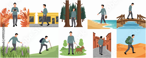 Diverse Stylized Character Illustration Set Presenting Various Walking Scenarios and Activities