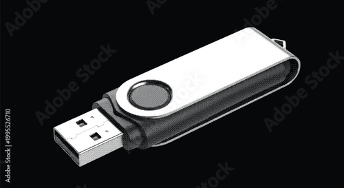 Halftone dot illustration of a silver USB flash drive isolated on black background for technology storage and data transfer concept designs.