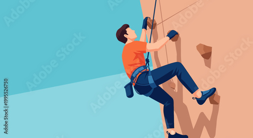 Vector illustration of a male climber ascending a vertical rock wall using a safety harness, rope, and chalk bag, wearing an orange shirt and blue pants against a sky blue background.