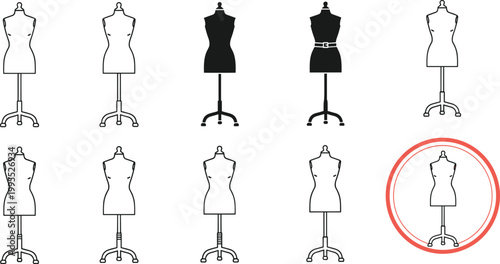 Fashion Mannequins Collection in Black and White, Dress Forms for Clothing, Tailoring, and Fashion Design Illustrations