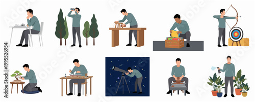 Flat Illustration Set of Man Character Doing Various Hobby Activity