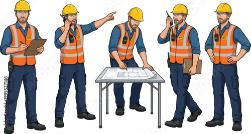 An illustration of a construction worker in various poses, showcasing different actions and expressions.