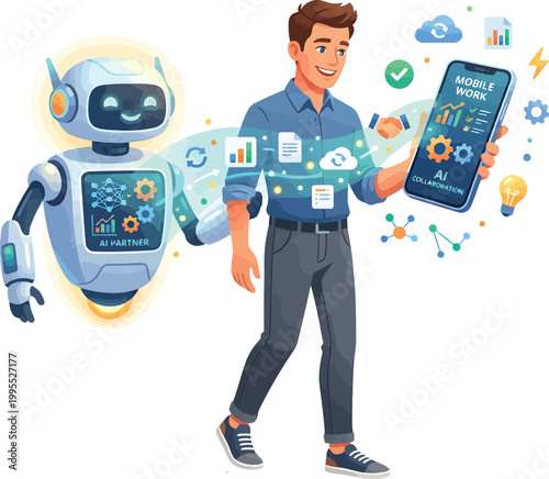 A man and a robot are standing together surrounded by technology and innovation symbols
