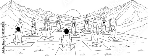 Minimalist line art vector illustration of a group yoga class practicing meditation in the mountains at sunrise.