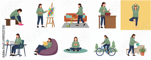 Flat Illustration of Woman Daily Activities with Various Poses in Daily Life