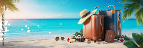 Summer beach travel concept with suitcase, hat, camera and sunglasses on tropical ocean shore in 3d style
