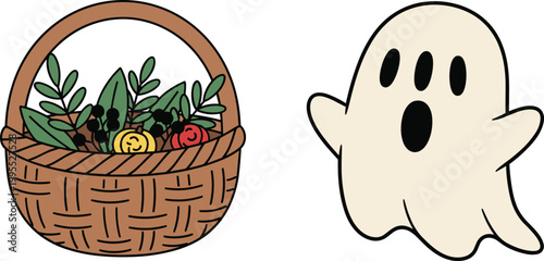 Whimsical Basket with Colorful Flowers and Cute Ghost Icon for Seasonal and Halloween Designs