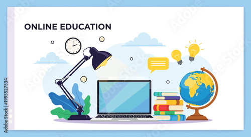 Comprehensive online education workspace featuring a laptop, books, globe, lamp, and light bulb ideas for e-learning and study promotional ads.