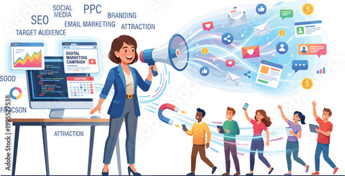 A businesswoman using a megaphone to attract a target audience for social media marketing and branding