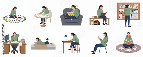 Detailed Flat Illustration of a Woman in Various Study and Learning Activities
