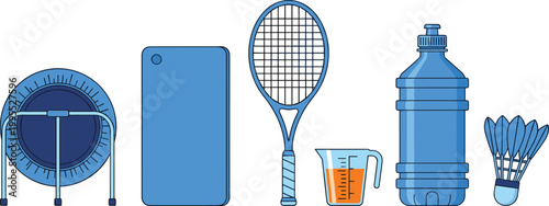 Set of Blue Fitness and Sports Icons Including Trampoline, Yoga Mat, Racket, Water Bottle, and Shuttles for Active Lifestyle Designs