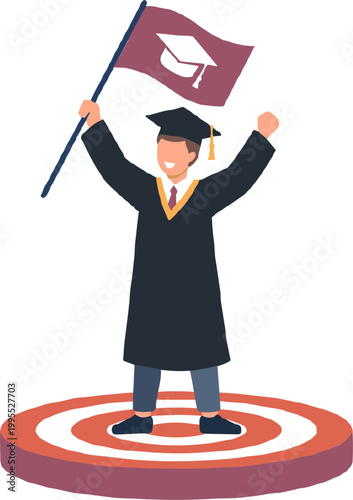 Graduate celebrates achievement with flag on bullseye platform
