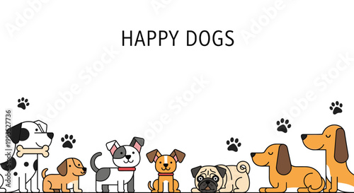 Charming collection of diverse happy dog breeds standing in a row with black paw print decorations for pet care or veterinary services ads.