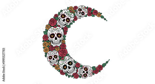 Creative crescent moon shape formed by decorative sugar skulls and red roses for traditional day of the dead or halloween festival designs.
