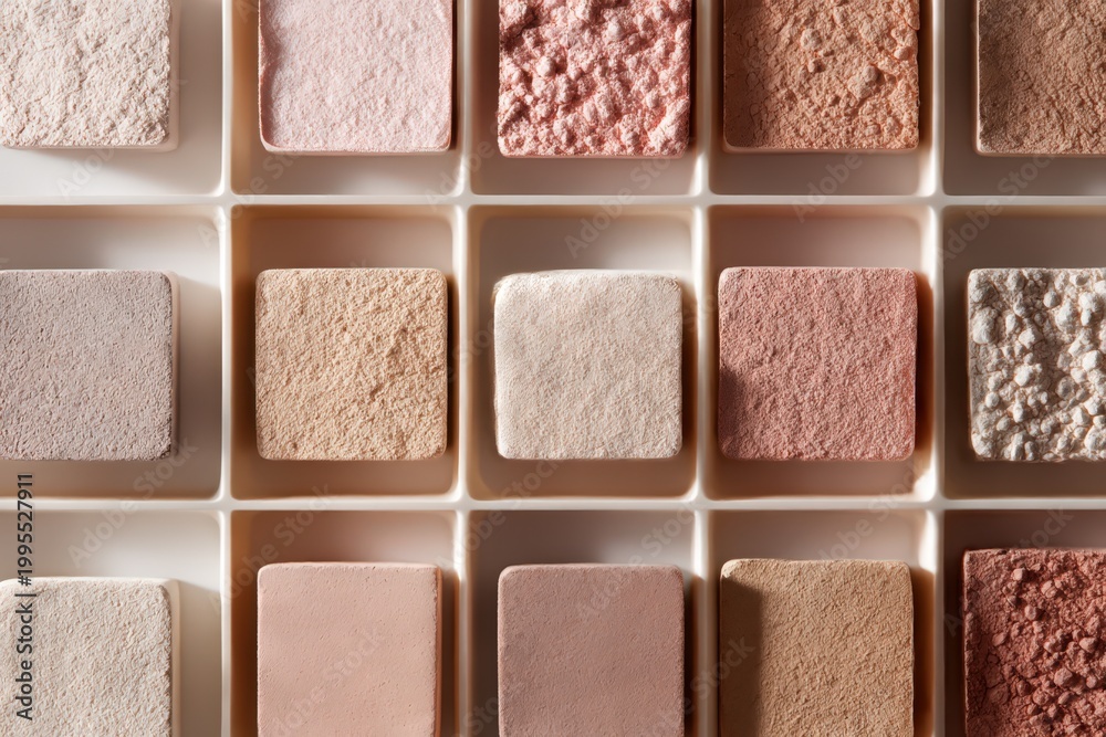 Fototapeta premium Grid of Square Texture Samples in White Tray Ranging from Beige Cream Pink Peach to Red Tones Cosmetic Material Study