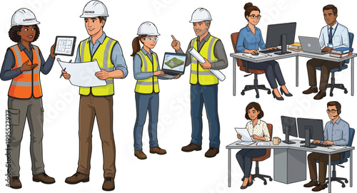 A diverse group of professionals working together in an office setting with hard hats and safety vests