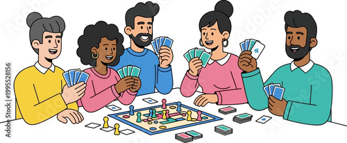 Diverse group of friends sitting together at a table playing a colorful board game with cards and pawns