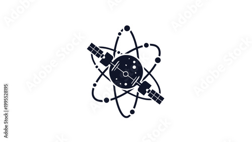Illustration of a Satellite Orbiting an Atom Symbol, Science Concept.