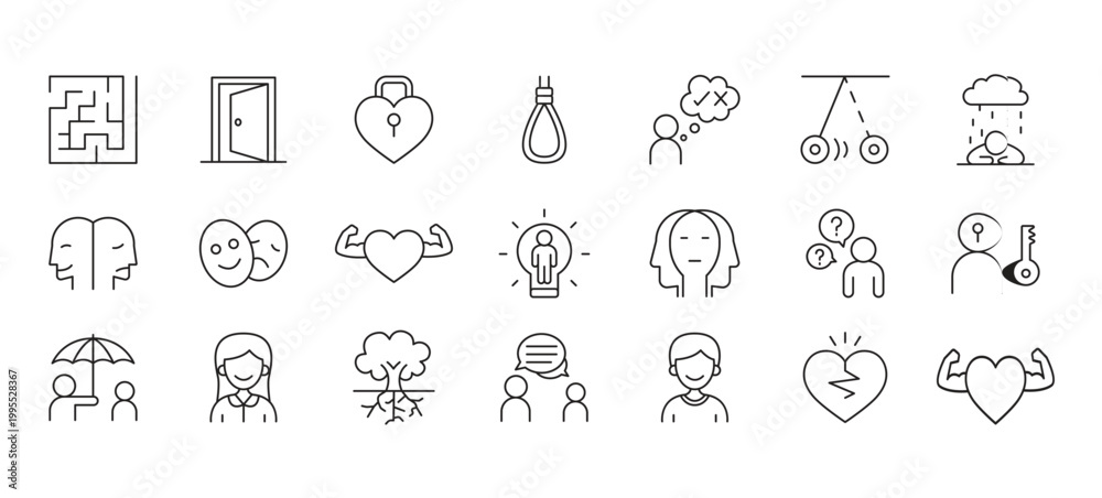 Fototapeta premium Psychology icon set in thin line style. Psychology and mental line icons collection. Thin outline icons pack. Positive Thinking Line Icons Collection, Big Ui Icon Set, vector illustration.
