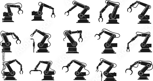 Collection of fifteen black silhouette industrial robotic arm icons for factory automation and manufacturing process design elements