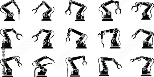 Set of fifteen black and white industrial robotic arm icons for manufacturing automation and factory assembly line design