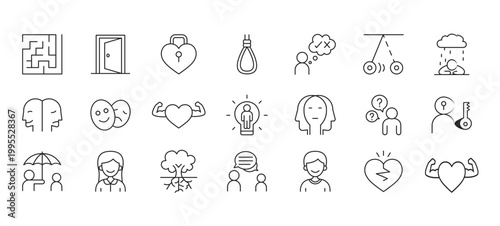 Psychology icon set in thin line style. Psychology and mental line icons collection. Thin outline icons pack. Positive Thinking Line Icons Collection, Big Ui Icon Set,     vector illustration.