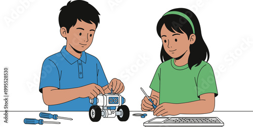 Flat vector illustration of a young boy and girl collaborating to build a small robot with tools