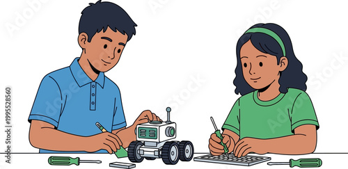 Flat vector illustration of a young boy and girl collaborating to build a small robot using screwdrivers