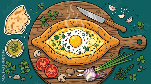 Traditional Georgian Cheese Bread Khachapuri Illustration with Fresh Ingredients on Wooden Board Flat Lay