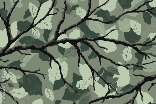 Realistic camouflage pattern with branches and leaves, designed for military and hunting use. tree shapes textures and layered olive drab gray shade. flat vector design, background, Camo texture,