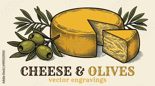 Vintage Hand Drawn Cheese Wheel with Green Olive Branch Engraving Style Vector Illustration for Menu and Packaging Design