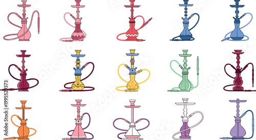 Hookah shisha vector set with colorful water pipes traditional smoking devices and accessories flat illustration collection isolated design
