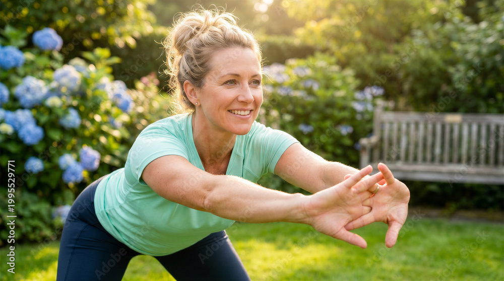 Fototapeta premium Woman exercising outdoors while stretching in a sunny garden 