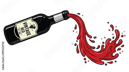 Red Wine Splashing from Glass Bottle Vector Illustration Isolated on White Background for Beverage Promotion