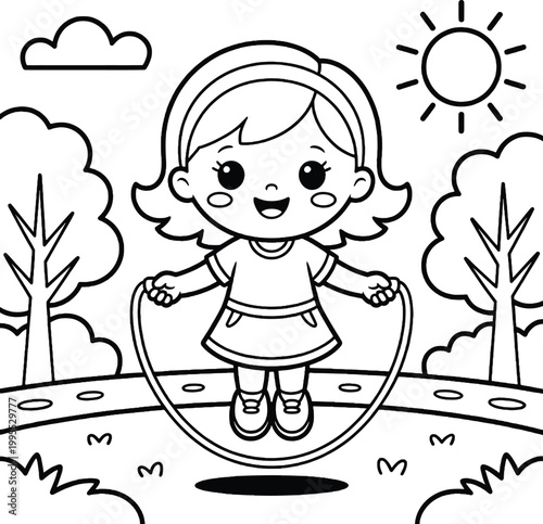 Coloring page of a happy girl jumping rope in a park