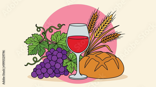 Red Wine Glass with Grapes Bread and Wheat Ear Illustration for Christian Communion or Harvest Festival Concept