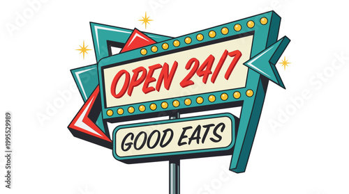 Vintage Retro Diner Sign with Open Twenty Four Seven Text and Mid Century Modern Design Elements on White