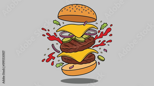 Exploded view of a double cheeseburger with beef patties cheese pickles and ketchup splash illustration on gray background