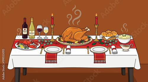 Festive Holiday Feast with Roasted Turkey Lobster and Wine on Decorated Table Illustration
