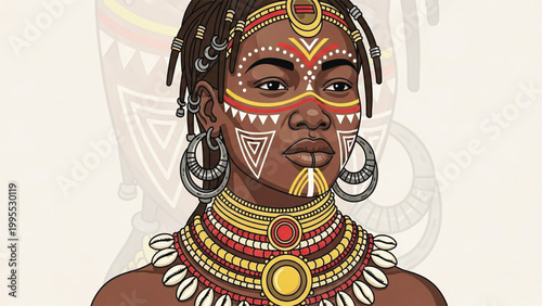 Illustration of a woman with traditional African tribal makeup and jewelry on a beige background.