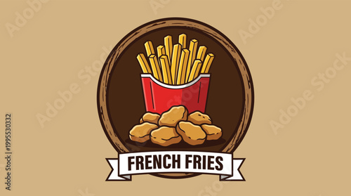 Vector Illustration of Golden French Fries in Red Container and Fried Chicken Nuggets for Fast Food Restaurant Menu Branding