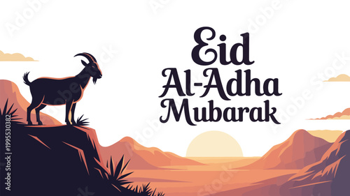 Eid aladha mubarak greeting card with a goat standing on a cliff against a sunset landscape