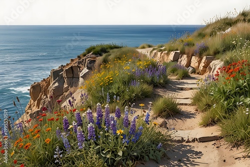 Blooming wildflowers along a cliff edge pathway